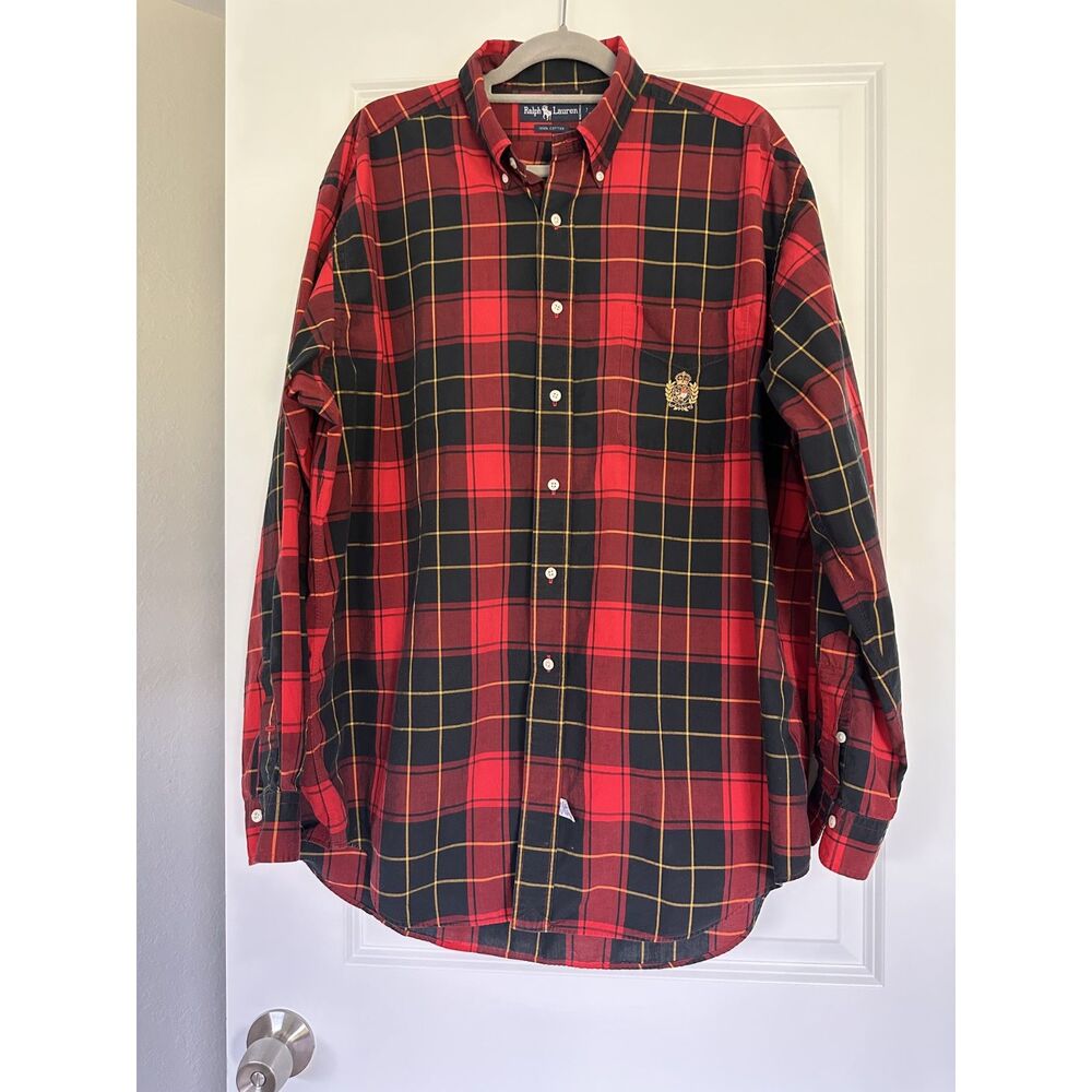 Vintage Ralph Lauren Men XL Red Plaid Shirt Crest Embroidered Tartan Cotton 90s